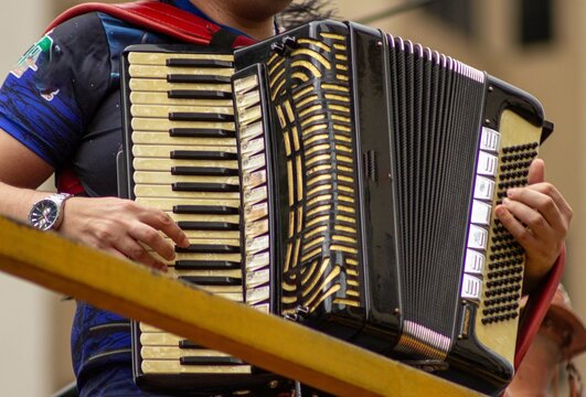  Sanfona ou acorde&atilde;o, um instrumento musical de tecla e fole sendo tocado por m&atilde;os masculinas. 