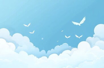 Peaceful birds soaring above fluffy clouds, blue sky background, ideal for serenity themes