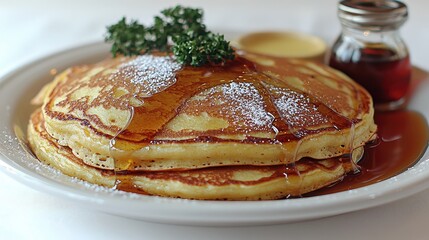 Stack of fluffy pancakes drizzled with syrup, garnished with parsley and served with butter