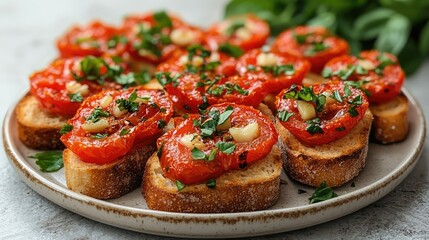 Deliciously arranged roasted tomatoes on toasted bread, garnished with herbs, in a cozy kitchen