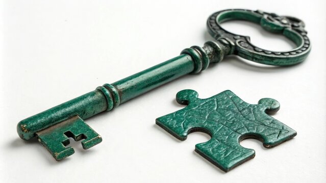 Emerald Green Metallic Key with Puzzle Piece, puzzle piece, treasure hunt, luxurious item, cryptic clue
