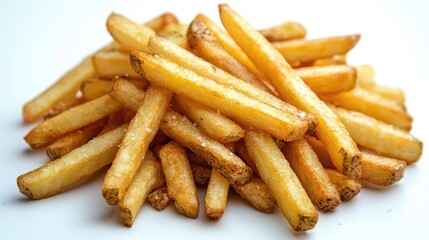Golden, crispy French fries piled high on a clean white background, ready to serve