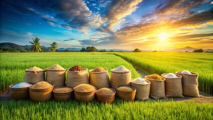 Obraz premium Thai Rice Varieties in Sacks - Lush Green Paddy Field Landscape