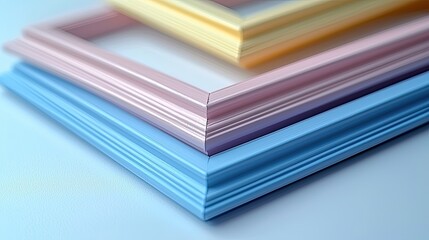 Colorful stacked picture frames in soft focus, showcasing pastel hues and textures