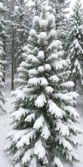 Fototapeta premium Fir tree covered in thick snow in winter forest, scenery, tranquil