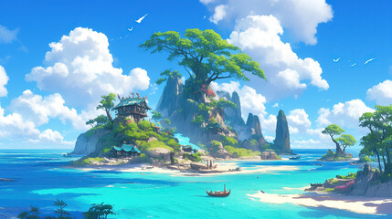 anime scene tropical island with palm trees