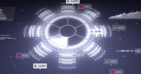 Social media engagement metrics image over futuristic circular interface