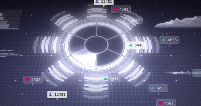 Social media engagement metrics image over futuristic circular interface