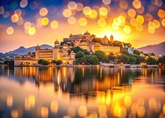 Obraz premium Udaipur Lake Palace, Rajasthan, India: Stunning Bokeh Sunset Over City Palace and Aravalli Mountains
