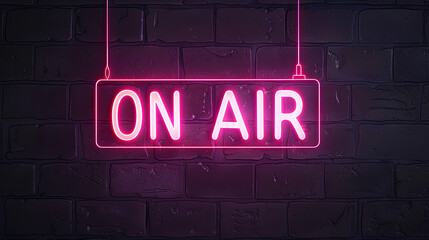 Vector of a realistic neon sign logo for "ON AIR" on a black wall background. Concept of a radio, podcast, and live studio decoration with a white frame border