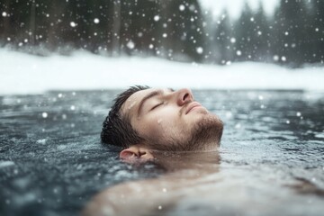 Fototapeta premium Winter bathing: person swims, icy water, cold therapy, body hardening, rejuvenation process, immunity boost, wellness practice, seasonal ritual, invigorating experience, health strengthening.