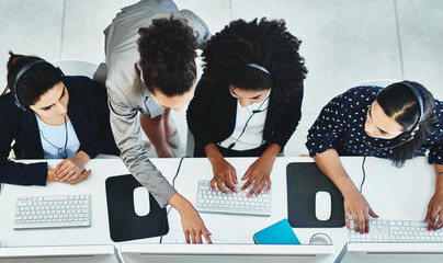 Above, telemarketing and women with computer, coaching and call center with customer support....