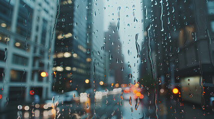 Obraz premium Water droplets on glass, city background, blurry, raindrops, mobile phone wallpaper, water drops on the window, blurred street view in front of it.