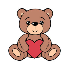 Groovy retro style cute teddy bear with a heart in his paws. Children's soft toy. White background.