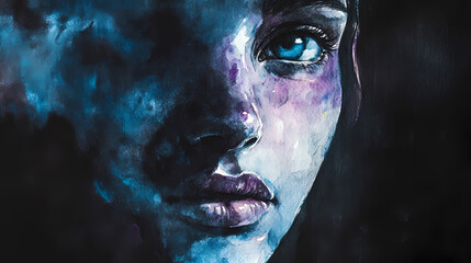 Watercolor painting with contrasting light and dark tones on black background. Chiaroscuro Contrast. Illustration