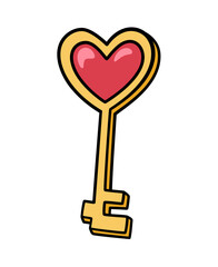 Retro groove love heart key gold color. Valentine's day object. Isolated on white background.