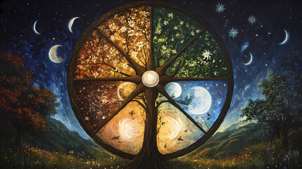Wheel of the year nature's cycle wicca, paganism religion spiritual symbol. Chiaroscuro Contrast. Illustration