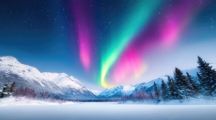 Aurora borealis over snowy mountains at night