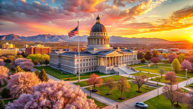 Utah State Capitol Building Spring Evening - Cherry Blossoms & Flags
