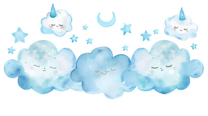 White background with light blue watercolor clouds and stars on the edges, cute, kawaii style, clipart for kids