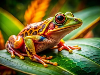 Naklejka premium Vibrant Amphibian Close-Up: Intricate Patterns and Textures of a Leaf Dweller