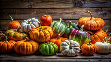 Vibrant Autumn Pumpkins: Colorful Gourds on Rustic Wood Background