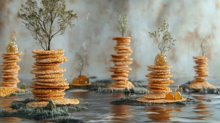 Obraz premium Miniature Worlds: A Culinary Landscape of Stacked Crackers, Tiny Trees, and Amber Gems