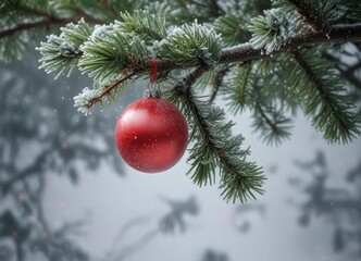 Frozen pine tree branch with red ornament hanging in the middle of a snowstorm, winter wonderland, winter snowfall