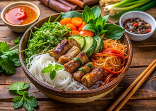 Vibrant Bun Thit Nuong with Vermicelli Noodles, Grilled Pork, and Fresh Vegetables