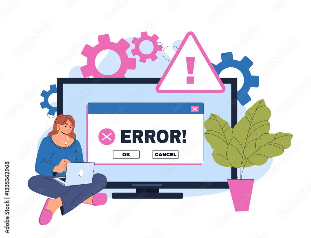 Poster woman with computer problems. young girl near computer monitor with 404 error. troubleshooting and m