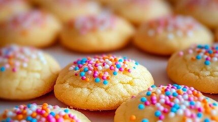 A close-up view of deliciously baked cookies topped with colorful sprinkles that evoke feelings of joy and celebration, perfect for any festive occasion or gathering.