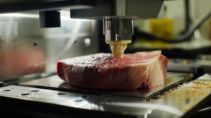 A modern food printing machine creates intricate designs on a raw beef steak, showcasing innovative culinary techniques and the future of food preparation.