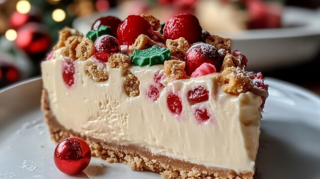 A mouthwatering dessert featuring a festive cake adorned with cherries and colorful decor, perfect for holiday celebrations and showcasing culinary artistry.