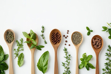 Natural Herbal Supplements in Wooden Spoon with Green Leaves