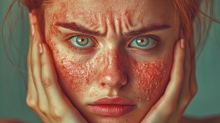 Fototapeta premium An evocative close-up of a woman highlighting dramatic textures on her face, inviting viewers to reflect on the intricate blend of beauty and humanity in her expression.