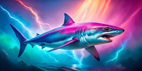 Obraz premium Vibrant Shark Painting with Electric Blue Pink Background - Abstract Ocean Art