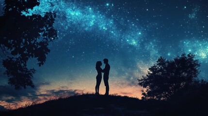 Silhouetted Couple Under a Starry Night Sky