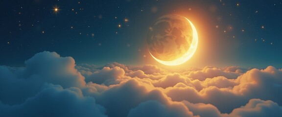 Celestial Ramadan Art: Crescent Moon Rising Over Starry Clouds
