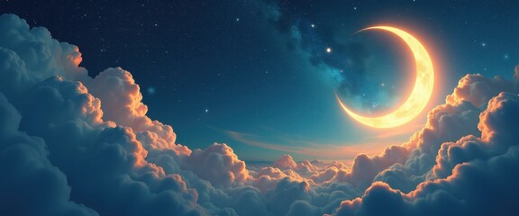 Celestial Nightscape: Crescent Moon and Stars Overfluffy Clouds for Ramadan Art Digital Illustration