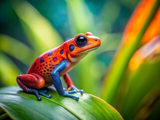 Vibrant Strawberry Dart Frog in Lush Rainforest with Bokeh Background