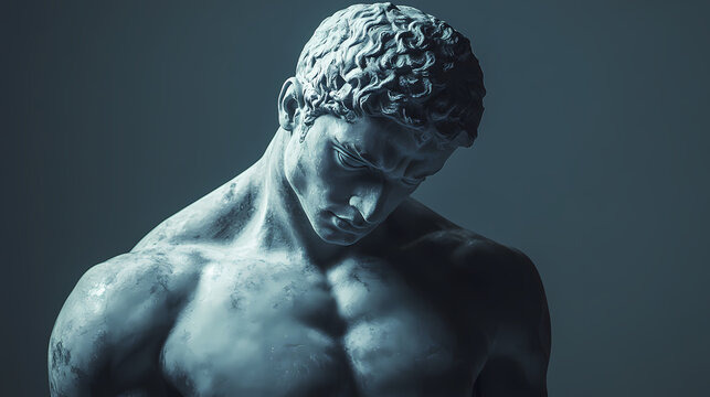 A marble statue of a muscular male figure with a dramatic lighting effect. Chiaroscuro Contrast. Illustration