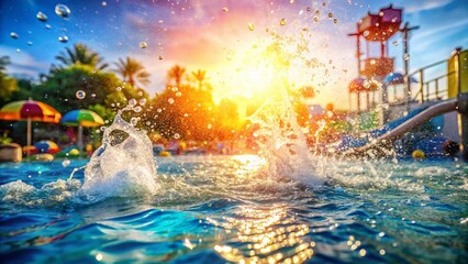 Vibrant Water Park Splash Background with Bokeh Effect - Stock Photo