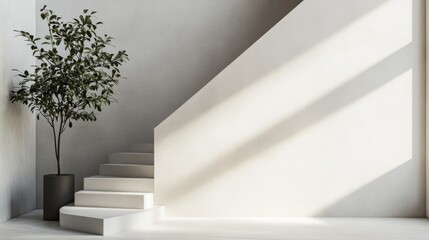 Obraz premium A Minimalist Interior Scene Featuring A Modern Staircase, A Potted Plant, And Sunlit Walls. The Overall Vibe Is Serene And Calming.