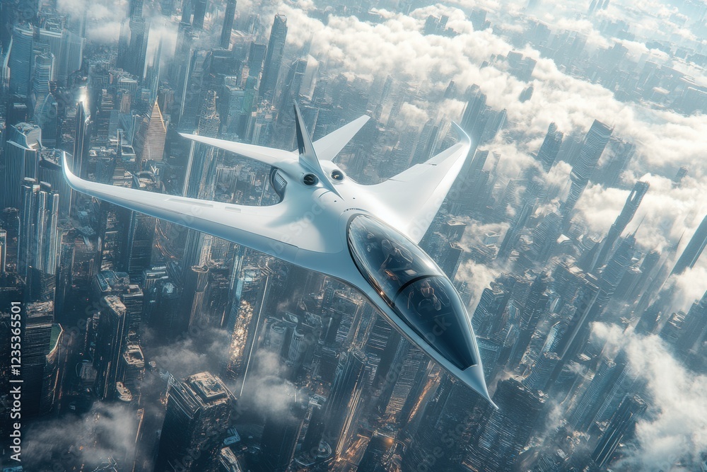 Poster futuristic airplane soaring above a vibrant sci fi cityscape during a sunny day with scattered cloud