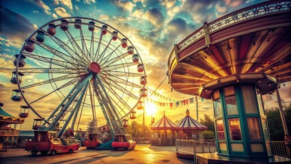 Vintage Amusement Park Ride Background: Retro Ferris Wheel and Carousel