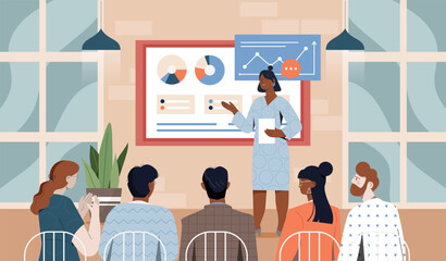Business training woman. Businesswoman near slide with graphs and charts. Presentation, seminar and lecture. Coaching and mentoring. Education and learning. Flat vector illustration © Rudzhan