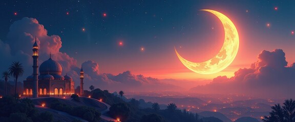 Fototapeta premium Majestic Mosque Illuminated by Ramadan's Moonlit Sky