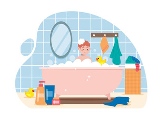 Boy in bathroom. Child in soap foam lying in bath. Cleanliness and hygiene. Room and apartment. Toddler with rubber duck. Routine and everyday chores. Flat vector illustration