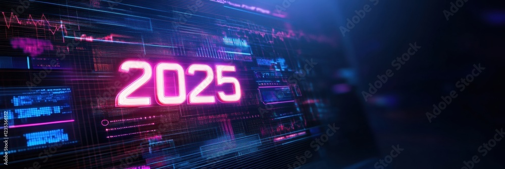 Poster futuristic digital calendar showcasing the year 2025 with sleek visuals and vibrant colors against a