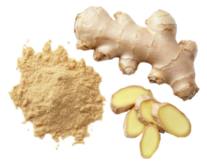 Fresh ginger root, ground ginger, and sliced ginger on a white background.